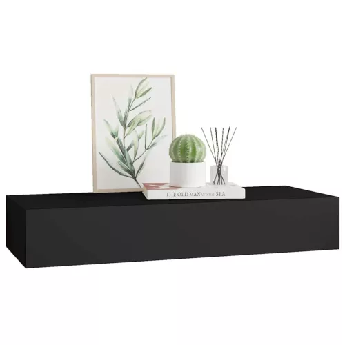 Fekete MDF falra szerelhető fiókos polc 60 x 23,5 x 10 cm