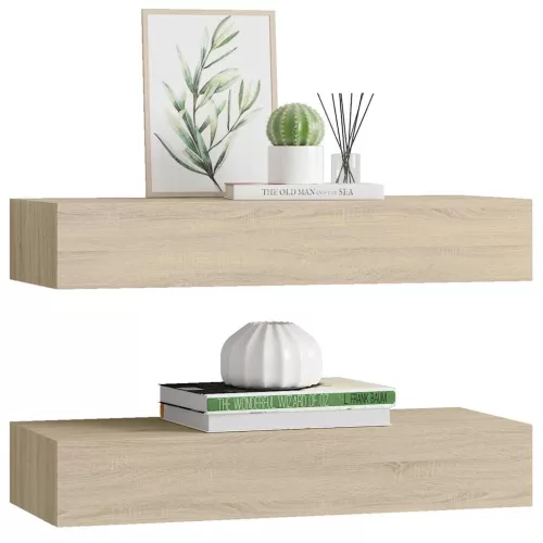 2 db tölgyszínű MDF falra szerelhető fiókos polc 60x23,5x10 cm