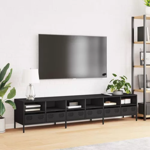 Fekete hidegen hengerelt acél TV-szekrény 202 x 39 x 43,5 cm