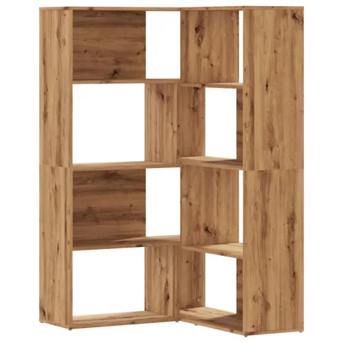 4 szintes tölgy színű szerelt fa sarokkönyvespolc 85x85x140 cm