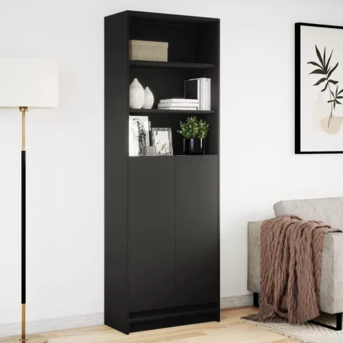 Fekete szerelt fa magasszekrény LED-ekkel 69x 32,5 x 200 cm