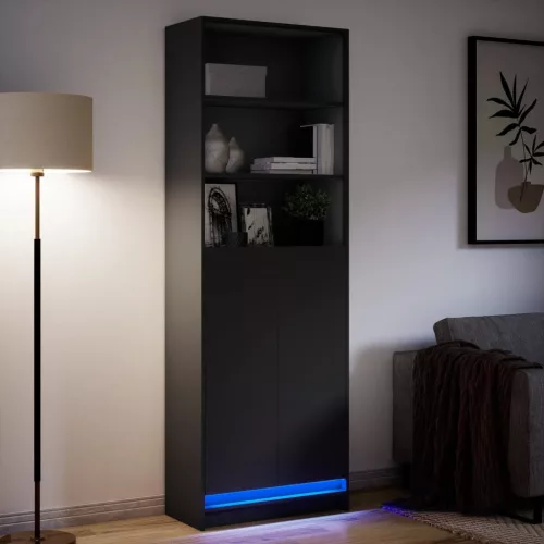 Fekete szerelt fa magasszekrény LED-ekkel 69x 32,5 x 200 cm