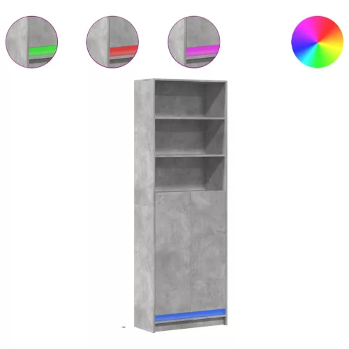 Betonszürke szerelt fa magasszekrény LED-ekkel 69x32,5x200 cm