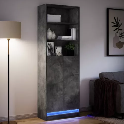 Betonszürke szerelt fa magasszekrény LED-ekkel 69x32,5x200 cm