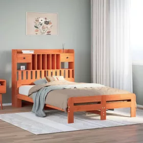   Barna tömör fenyőfa könyvespolcos ágy matrac nélkül 135 x 190cm