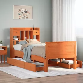   Barna tömör fenyőfa könyvespolcos ágy matrac nélkül 100 x 200cm