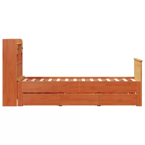 Barna tömör fenyőfa könyvespolcos ágy matrac nélkül 100 x 200cm