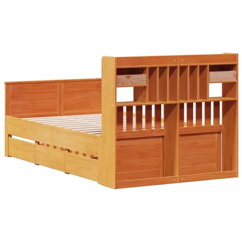 Barna tömör fenyőfa könyvespolcos ágy matrac nélkül 135 x 190cm