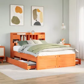   Barna tömör fenyőfa könyvespolcos ágy matrac nélkül 140 x 190cm
