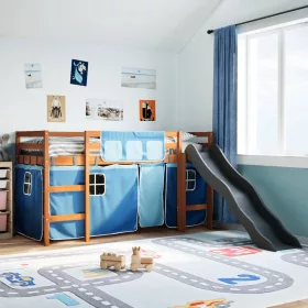   Kék tömör fenyőfa gyerek galériaágy függönnyel 80 x 200 cm