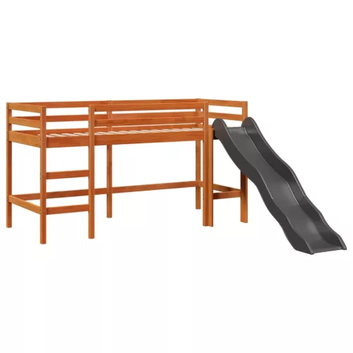 Rózsaszín tömör fenyőfa gyerek galériaágy függönnyel 80x200 cm