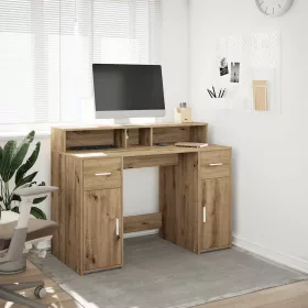   Kézműves tölgy színű szerelt fa LED-es íróasztal 120x55x91 cm