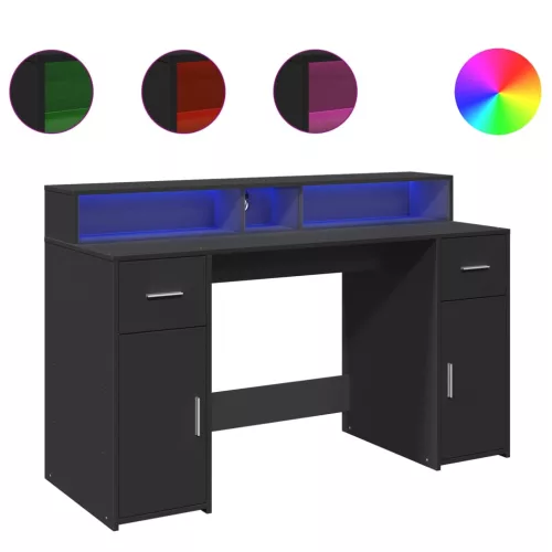 Fekete szerelt fa íróasztal LED-világítással 140 x 55 x 91 cm
