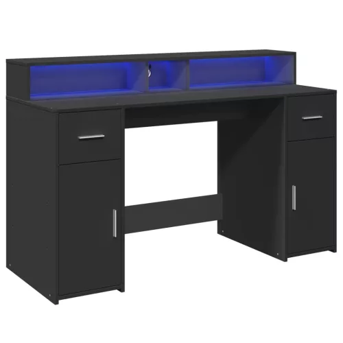 Fekete szerelt fa íróasztal LED-világítással 140 x 55 x 91 cm