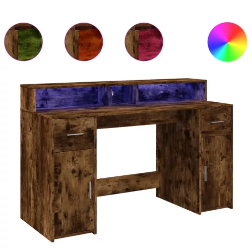 Füstös tölgy színű szerelt fa íróasztal LED-ekkel 140x55x91 cm