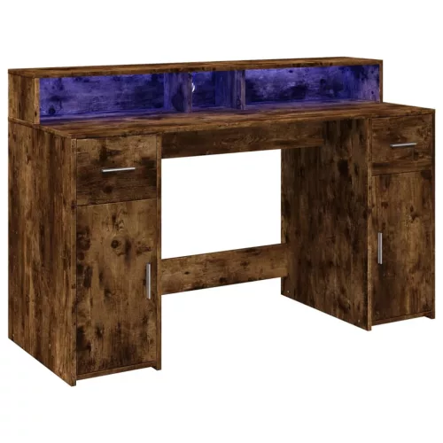 Füstös tölgy színű szerelt fa íróasztal LED-ekkel 140x55x91 cm