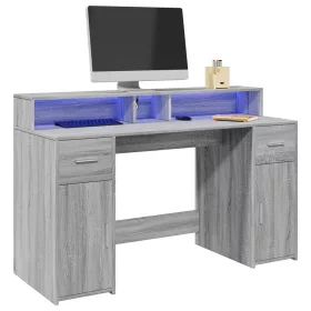   Szürke sonoma színű szerelt fa íróasztal LED-ekkel 140x55x91 cm