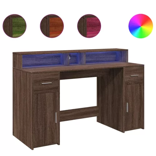 Barna tölgy színű szerelt fa íróasztal LED-ekkel 140x55x91 cm
