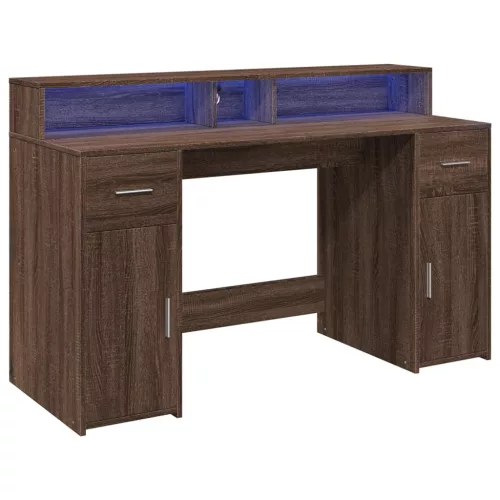 Barna tölgy színű szerelt fa íróasztal LED-ekkel 140x55x91 cm