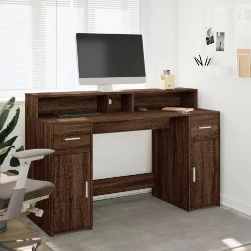 Barna tölgy színű szerelt fa íróasztal LED-ekkel 140x55x91 cm