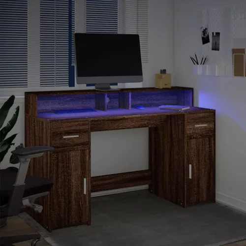 Barna tölgy színű szerelt fa íróasztal LED-ekkel 140x55x91 cm
