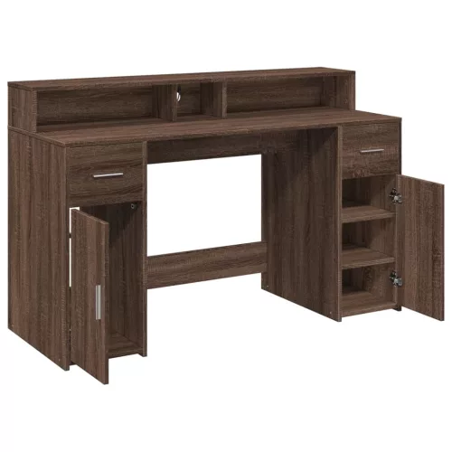 Barna tölgy színű szerelt fa íróasztal LED-ekkel 140x55x91 cm