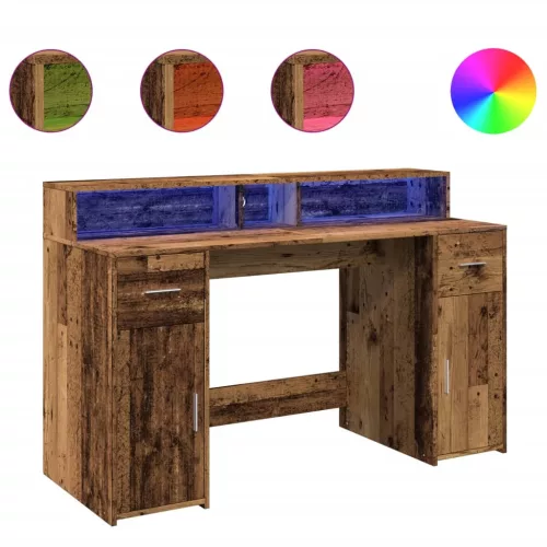 Antik fa színű szerelt fa íróasztal LED-ekkel 140 x 55 x 91 cm