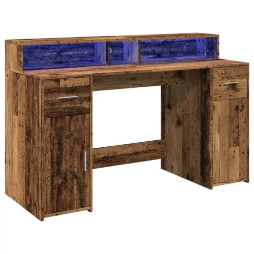 Antik fa színű szerelt fa íróasztal LED-ekkel 140 x 55 x 91 cm