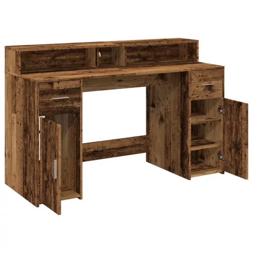 Antik fa színű szerelt fa íróasztal LED-ekkel 140 x 55 x 91 cm