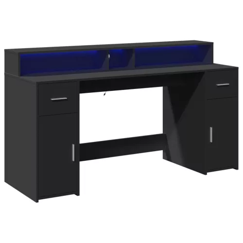Fekete szerelt fa íróasztal LED-világítással 160 x 55 x 91 cm