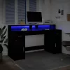 Fekete szerelt fa íróasztal LED-világítással 160 x 55 x 91 cm