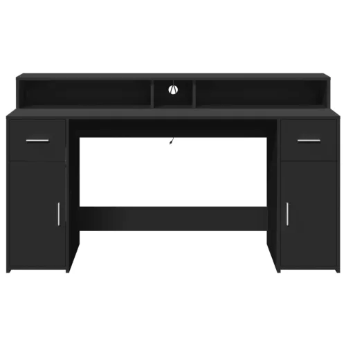 Fekete szerelt fa íróasztal LED-világítással 160 x 55 x 91 cm