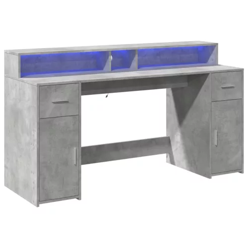 Betonszürke szerelt fa íróasztal LED-világítással 160x55x91 cm