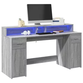   Szürke sonoma színű szerelt fa íróasztal LED-ekkel 160x55x91 cm