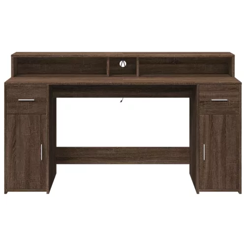 Barna tölgy színű szerelt fa íróasztal LED-ekkel 160x55x91 cm