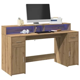   Kézműves tölgy színű szerelt fa LED-es íróasztal 160x55x91 cm