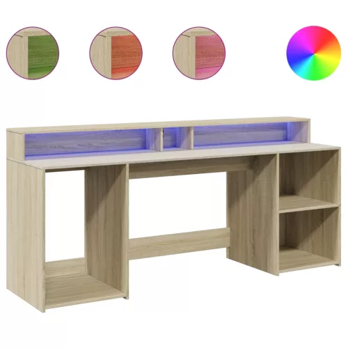 Sonoma tölgy színű szerelt fa íróasztal LED-ekkel 200x55x91 cm