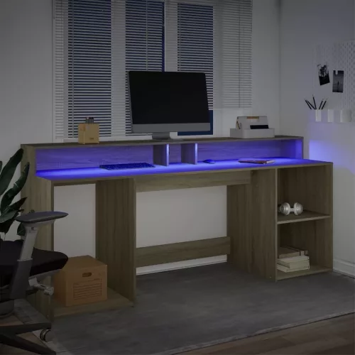 Sonoma tölgy színű szerelt fa íróasztal LED-ekkel 200x55x91 cm