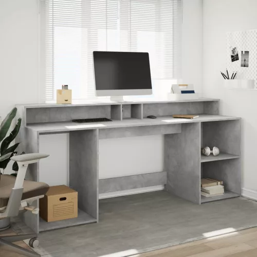 Betonszürke szerelt fa íróasztal LED-világítással 200x55x91 cm