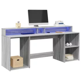   Szürke sonoma színű szerelt fa íróasztal LED-ekkel 200x55x91 cm