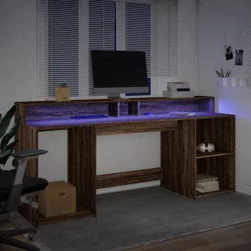 Barna tölgy színű szerelt fa íróasztal LED-ekkel 200x55x91 cm
