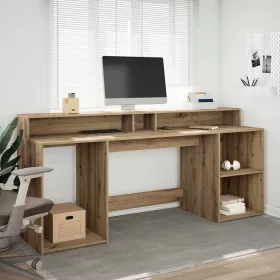   Kézműves tölgy színű szerelt fa LED-es íróasztal 200x55x91 cm