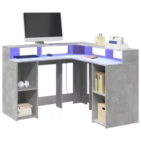   Betonszürke szerelt fa íróasztal LED-világítással 130x130x91 cm