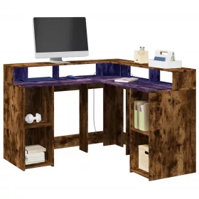   Füstös tölgy színű szerelt fa íróasztal LED-ekkel 130x130x91 cm