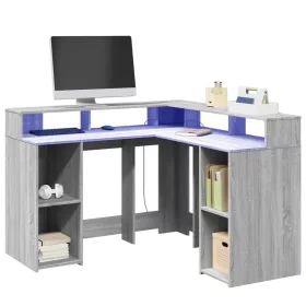   Szürke sonoma színű szerelt fa LED-es íróasztal 130x130x91 cm