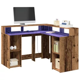   Antik fa színű szerelt fa íróasztal LED-ekkel 130 x 130 x 91 cm