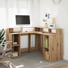   Kézműves tölgy színű szerelt fa LED-es íróasztal 130x130x91 cm