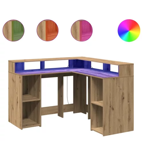 Kézműves tölgy színű szerelt fa LED-es íróasztal 130x130x91 cm