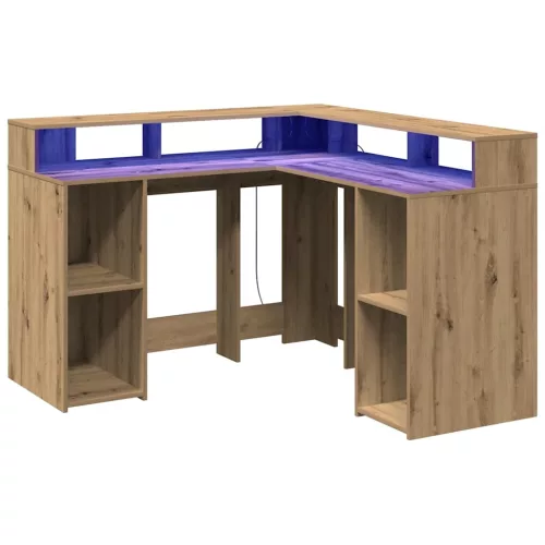 Kézműves tölgy színű szerelt fa LED-es íróasztal 130x130x91 cm