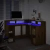 Kézműves tölgy színű szerelt fa LED-es íróasztal 130x130x91 cm